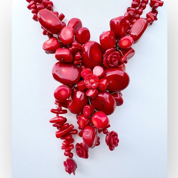 Carved Red Coral Flower Garland Collar 3-Strand Necklace - Picture 4 of 11